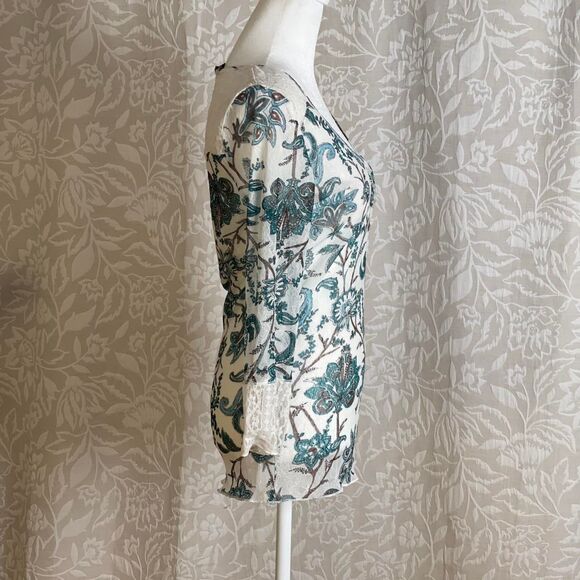 Talia Kume Green & White Paisley Mesh Sheer Henley Top Whimsygoth Grunge Size 8 - Picture 5 of 8